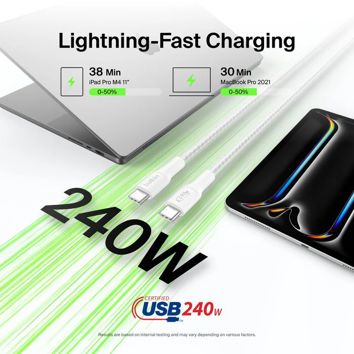 Belkin USB-C til USB-C 240W Flettet PCR Ladekabel 1m - Hvit - Image 2
