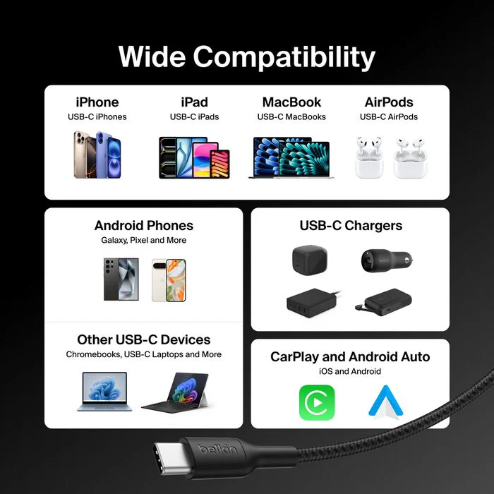 Belkin USB-C til USB-C 240W Flettet PCR Ladekabel 3m - Svart - Image 5