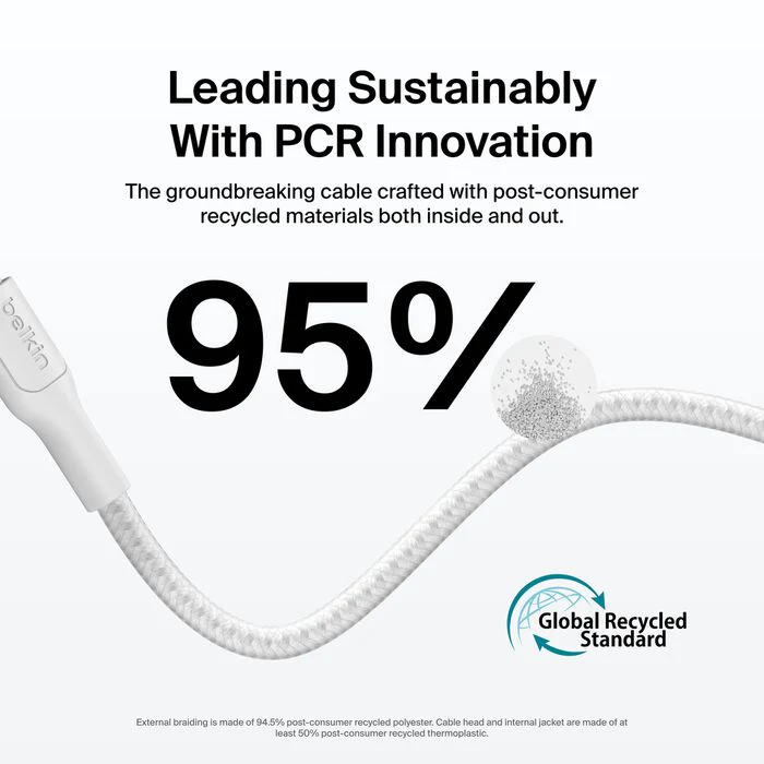 Belkin USB-C til USB-C 240W Flettet PCR Ladekabel 3m - Hvit - Image 4