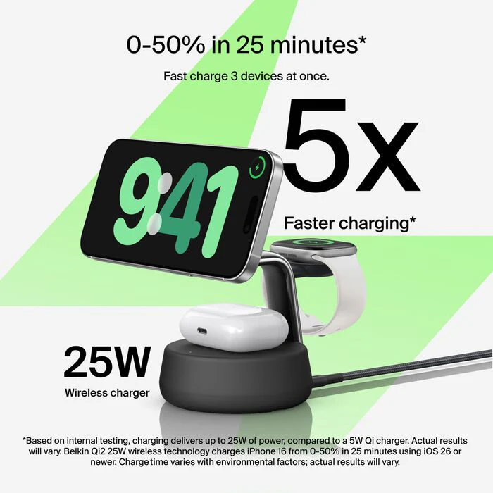 Belkin UltraCharge Pro 3-i-1 Qi2 Ladestativ - Kullsvart - Image 4