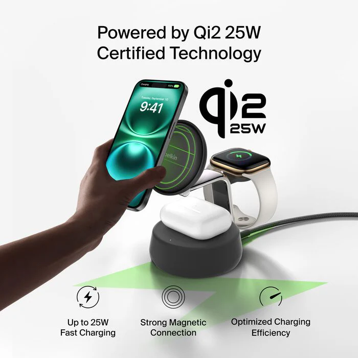 Belkin UltraCharge Pro 3-i-1 Qi2 Ladestativ - Kullsvart - Image 7